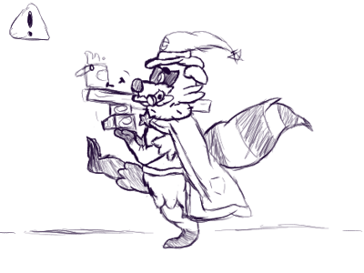 A mage raccoon anthro carrying construction equipment haphazardly to the left.